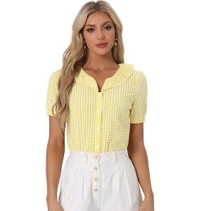 INSPIRE CHIC Women's Plaid Gingham Puff Sleeve Ruffle Peter Pan Collar Shirt - 1 of 4