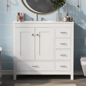 36 inch white bathroom storage cabinet vanity with ceramic sink combination - 1 of 4