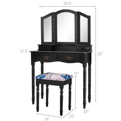 Black MDF Vanity Makeup Table with Tri-Folding Mirror and Bench
