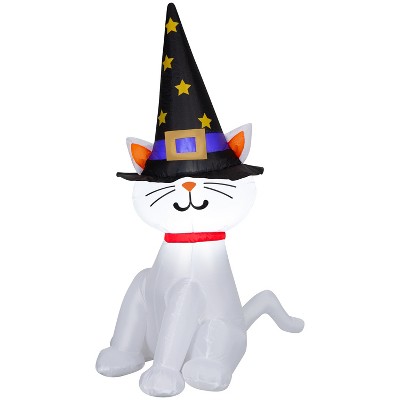 Gemmy Airblown Inflatable White Cat w/Oversize Witch Hat, 4 ft Tall, Multi
