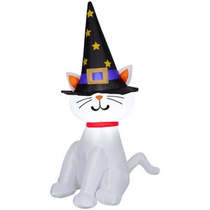 Gemmy Airblown Inflatable White Cat w/Oversize Witch Hat, 4 ft Tall, Multi - 1 of 4