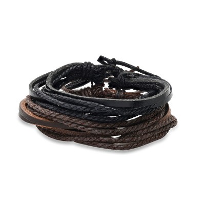 Steeltime Men's 2pc genuine black and brown wrap multi-Row leather drawstring bracelets