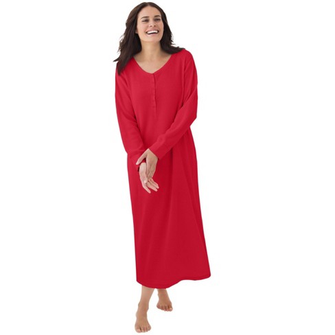  Women Plus Size Nightgown Long Sleepshirts Long Sleeve  Sleepwear Full Length Henley Sleep Dress Red 3XL