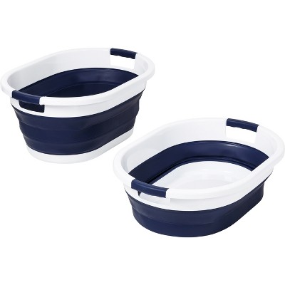 Navy Blue and White Collapsible Rubber Laundry Hampers, Set of 2
