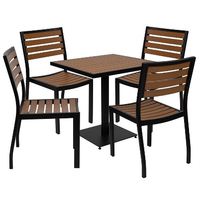 Emma and Oliver Outdoor Patio Bistro Dining Table Set with 4 Chairs and Faux Teak Poly Slats