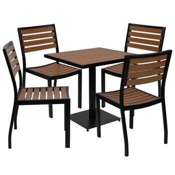 Merrick Lane 5 Piece Patio Table and Chairs Set Faux Teak Wood And Metal Indoor/Outdoor Table and Chairs with All-Weather Purpose