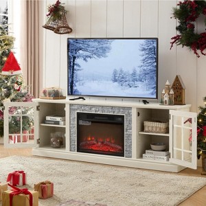 ORRD 70" White TV Stand with 23" Electric Fireplace, Faux Stone Media Console Cabinet with Storage - 1 of 4