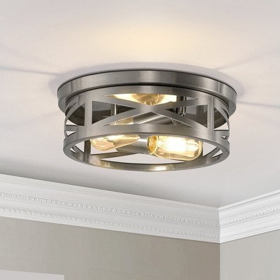 YANSUN 11 in. 2-Light Nickel Farmhouse Flush Mount with Drum Metal Cage Shade for Entryway Bedroom
