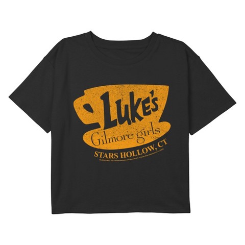 Gilmore Girls Girl's Gilmore Girls Luke's Dinner Distressed Logo Graphic Graphic Cropped T-Shirt - Black - Medium