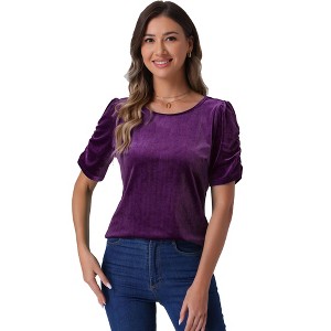 Allegra K Women's Round Neck Puff Short Sleeve Party Clubwear Velvet Top - 1 of 4