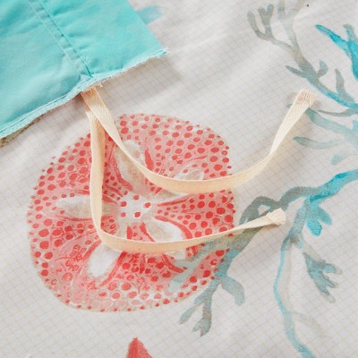 Coral and Teal Coastal Cotton Duvet Cover Set, Full/Queen, 6 Pieces