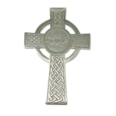 Slickblue Celtic Wall Cross, Claddagh Ring Center with Knotwork, Brass Wall Decor, 5"x7.7", Satin/Golden Finish