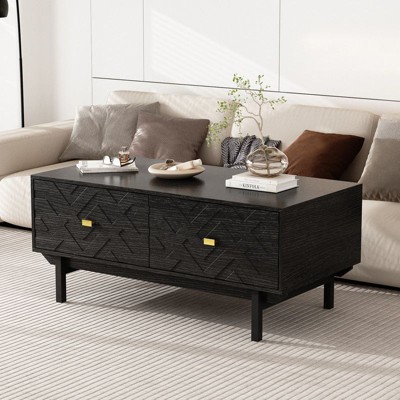 FUFU&GAGA Modern Geometric Pattern Coffee Table,Living Room Table with 4 Drawers,End Table,Textured Center Table with Gold Accents,Black