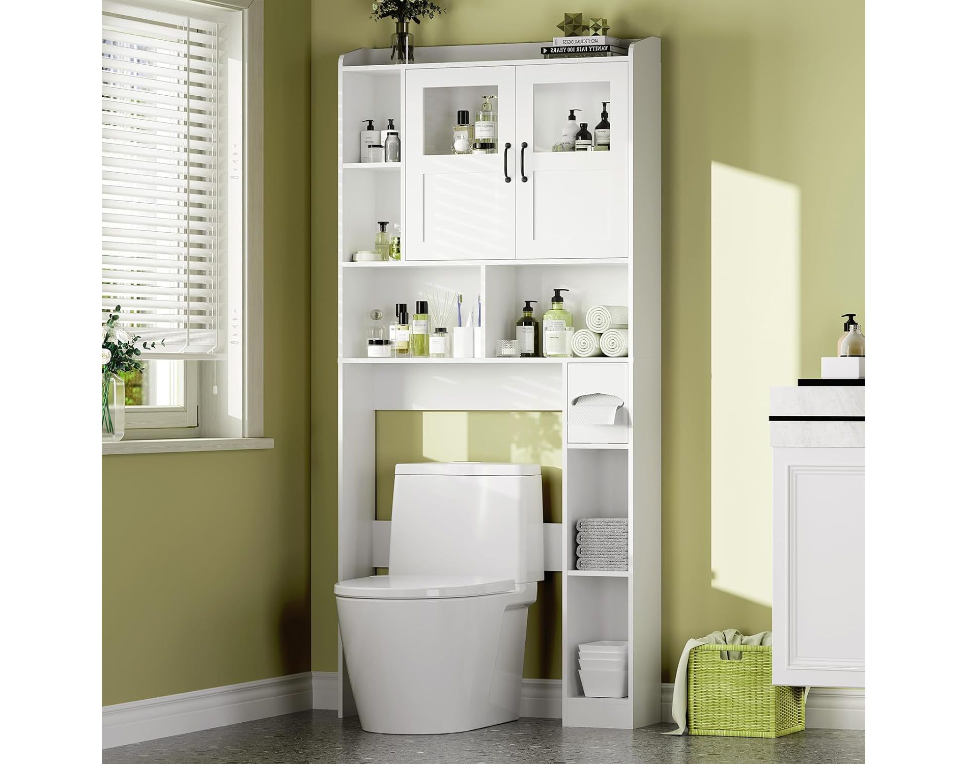 Coucheta Over-Toilet Storage with Adjustable Shelves, Tempered Glass Door, Open Shelves - Modern Freestanding Bathroom Organizer
