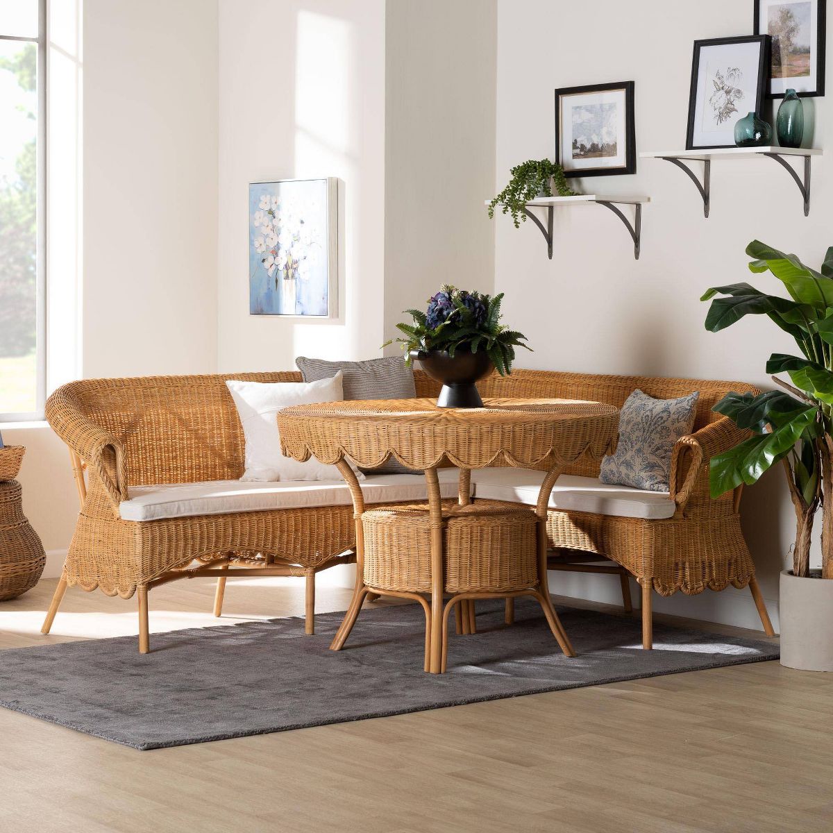 bali & pari Keitha Bohemian Rattan 3  Piece Dining Nook Set Light Honey - thumbnail 3