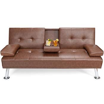 Costway Convertible Folding Futon Sofa Bed Leather w/Cup Holders&Armrests Brown