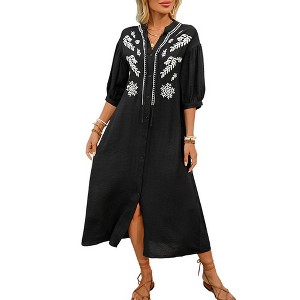 embroidery loose dress women Women's Round Neck Embroidered Pleated Loose Dress