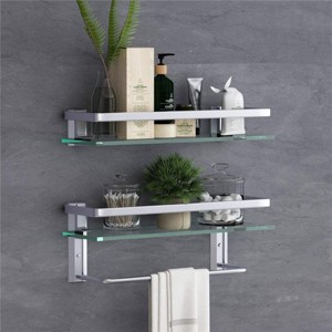 Racxily 2 Tier Glass Bathroom Shelf, Wall Mounted Organizers Storage Shelf, Floating Glass Shelves with Towel Holder - 1 of 4