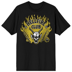 Stranger Things Hellfire Club Horned Skull In Flames Adult Black Crew Neck Short Sleeve T-shirt - 1 of 3