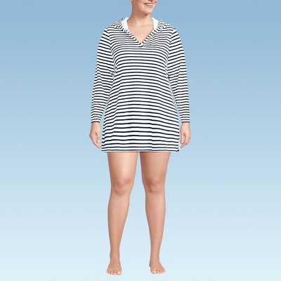 Lands' End Women's Cotton Jersey Long Sleeve Hooded Swim Cover-up Dress