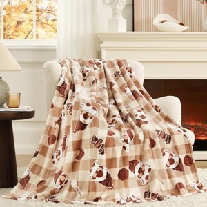 Lomsoe Christmas Gnome with Coffee Cup Print Flannel Blanket Brown Plaid Cozy Warm Throw Blanket Christmas Gift for Winter Couch Sofa Bed Home Decor - 1 of 4