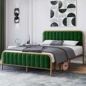 Whizmax King/Queen/Full Size Upholstered Velvet Metal Bed Frame with Tufted Headboard, Modern Platform Bed Frame No Box Spring Needed, Easy Assembly - 1 of 4
