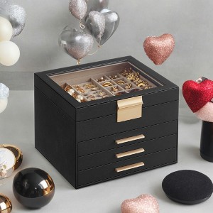 Glass Lid Jewelry Box, 4-Layer Organizer with 3 Drawers for Big and Small Jewelry, Modern Style, 8 x 9.1 x 6.5 Inches - 1 of 4