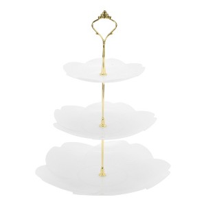 Unique Bargains 3 Tier Dessert Cupcake Stand Flower Shape Cup Cake Holder Tower White Gold Tone - 1 of 4