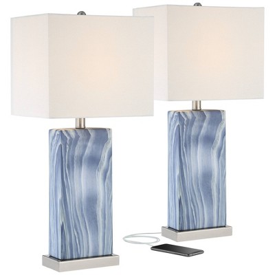 360 Lighting Modern Table Lamps Set of 2 with USB Charging Port 25" High Rectangular Blue White Fabric Shade Living Room Desk Bedroom Bedside