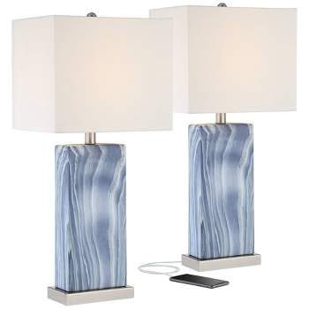 360 Lighting Connie Modern Table Lamps 25" High Set of 2 Blue Faux Marble with USB Charging Port Table Top Dimmers White Shade for Bedroom Office Desk