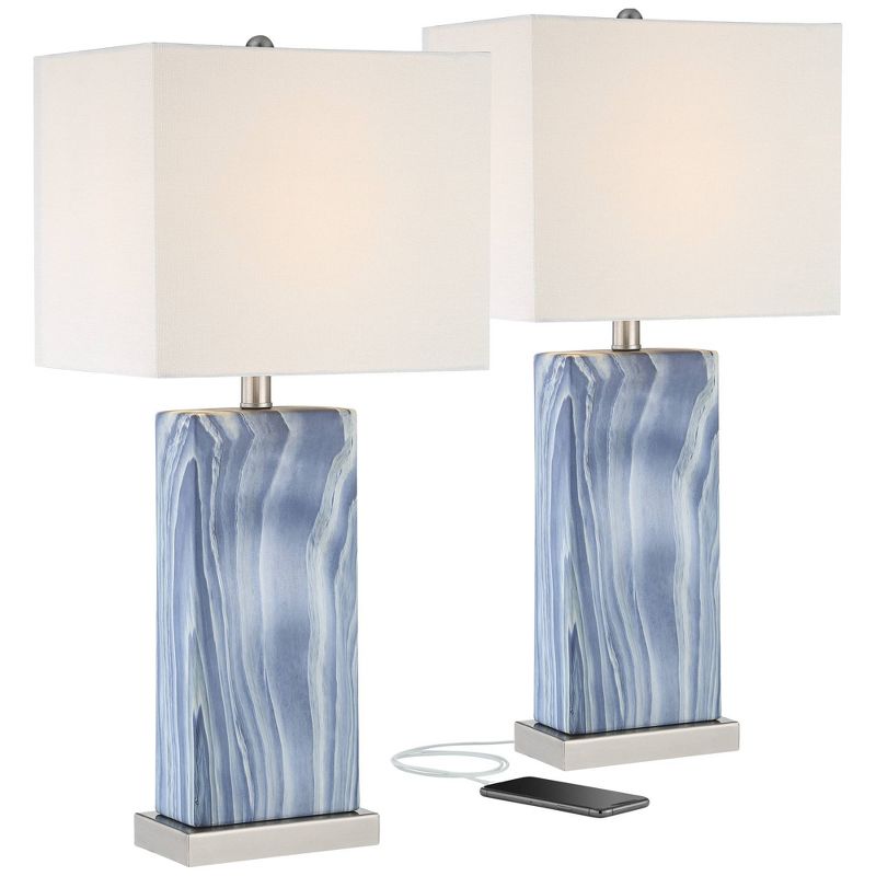 360 Lighting Connie Modern Table Lamps 25" High Set of 2 Blue Faux Marble with USB Charging Port White Rectangular Shade for Living Room Office Desk, 1 of 11