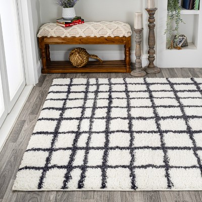 4' x 6' Black and White Geometric Shag Area Rug