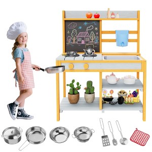 Outdoor Wooden Mud Kitchen for Kids with Water Tank, Faucet, Chalkboard, Stovetop, Storage Shelves & Planter Box - 1 of 4