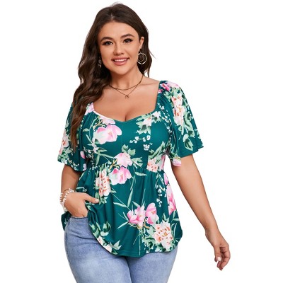 YESFASHION Plus Size Summer Tunic Tops for Women Sweetheart Neck Ruffle Short Sleeve Casual Puff Hemline Blouses