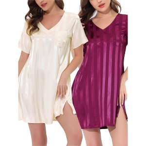 cheibear Women's Short Sleeve Mini Striped Pajama Dress 2 Packs - 1 of 3