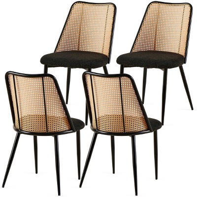 Rattan Dining Chairs Set of 4,Boucle Upholstered Chairs with Cane Back and Metal Legs for Kitchen or Dining Room-Baofuwish