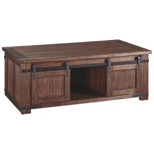 Signature Design by Ashley Budmore Rectangular Cocktail Table Brown: Mango Wood, Rustic Finish, Open Shelf, Casters - 1 of 4