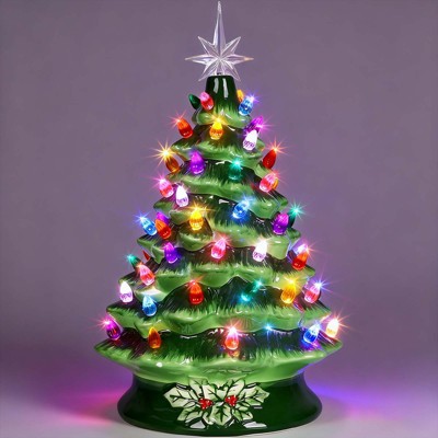 15-Inch Ceramic Christmas Tree with 64 Multicolor Bulbs, Hand-Painted Tabletop Holiday Decoration with Built-In Power Cord