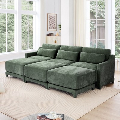 3-Seater Chenille Fabric Beige Sofa with 3 Movable Ottomans and Lumbar Pillow High Quality Wooden Base High Resilience Sponge