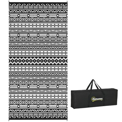 Outsunny Outdoor Patio Rug, Large Camping Carpet with Carrying Bag, Waterproof Plastic Straw, Reversible, Geometric Wall