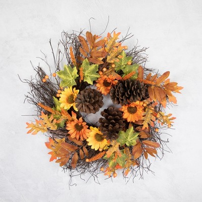 24-Inch Fall Artificial Thanksgiving Wreath with Sunflowers and Pine Cones