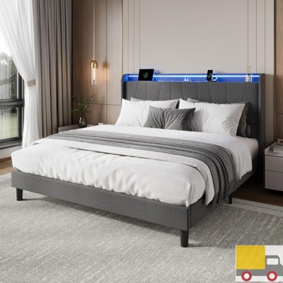 Jojoka Upholstered Platform Bed with LED Lights, USB Ports & Power Outlets, Storage Space, No Box Spring Needed, Modern Fabric