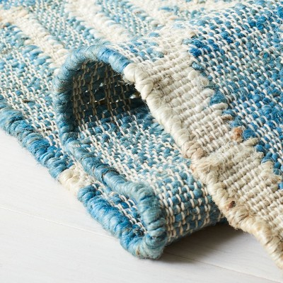 Blue and Ivory Geometric Hand-Woven Natural Fiber Runner Rug