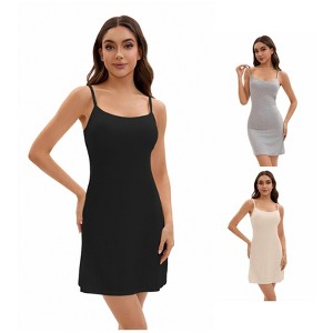 INSPIRE CHIC Women's 3 Packs Adjustable Spaghetti Strap Underdress Full Slips with Built-in Bra Shapewear - 1 of 4