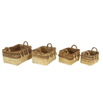 4pk Large Rectangle Banana Leaf Baskets with Wood Beads & Tassels Brown & Beige - Olivia & May