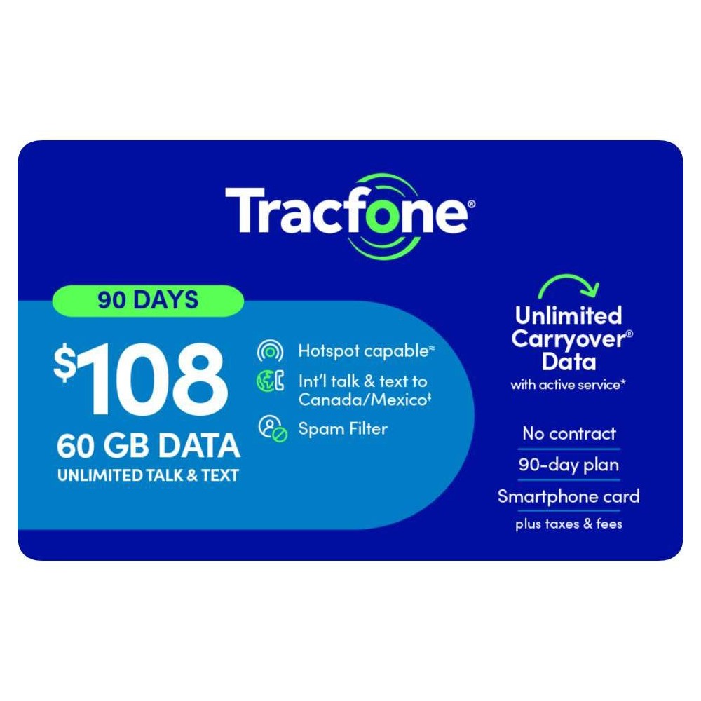 $108 Tracfone Unlimited Talk and Text, 60GB of Data, HS and ID Protection/90 Days (Smartphone Only) (Email Delivery)