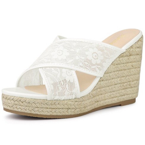 Allegra K Women's Floral Lace Mesh Wedges Sandals White 10