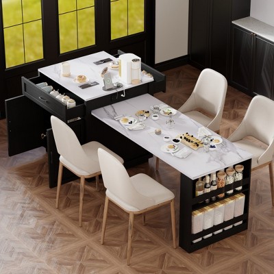 82.7" Kitchen Island with Extendable Dining Table for 4-6 Person, Double-sized Storage, Power Outlet, 2 Storage Drawers & 2 Side Open Shelves
