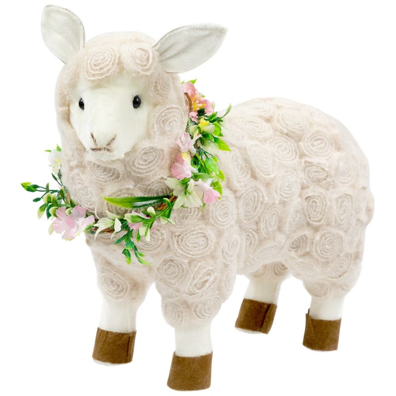 Northlight Standing Sheep with Floral Wreath Easter Decoration - 12.5" - Beige, 1 of 7