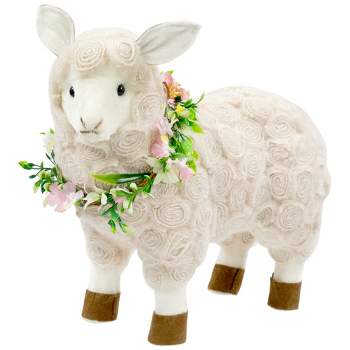 Northlight Standing Sheep with Floral Wreath Easter Decoration - 12.5" - Beige
